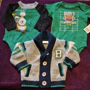 3pc Boy 0-3m Garanimals Green Onesie Gray Cardigan And Green Train Onesies